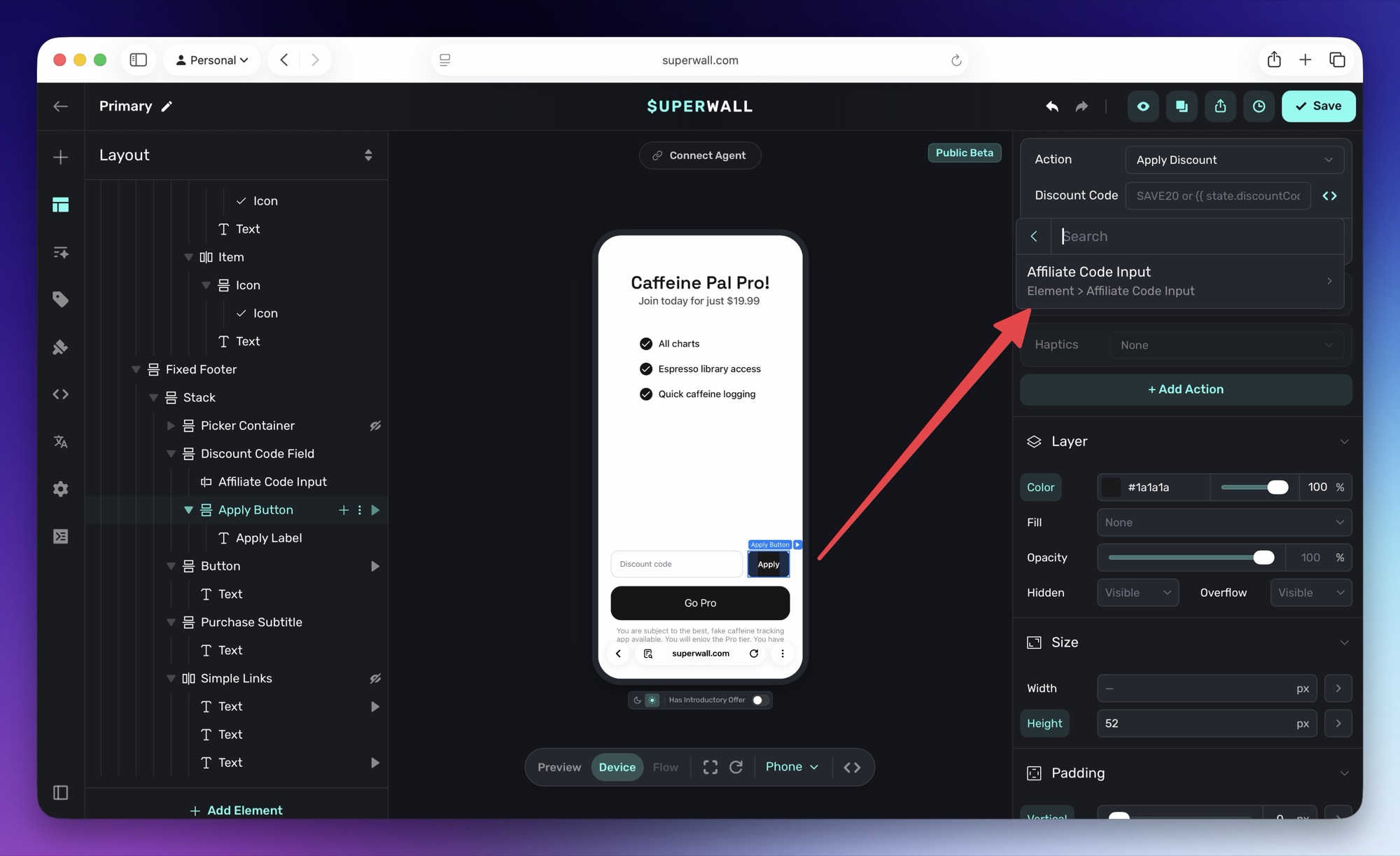 The paywall editor with the Apply Discount action added and the variable picker open, selecting the promo code input under Element